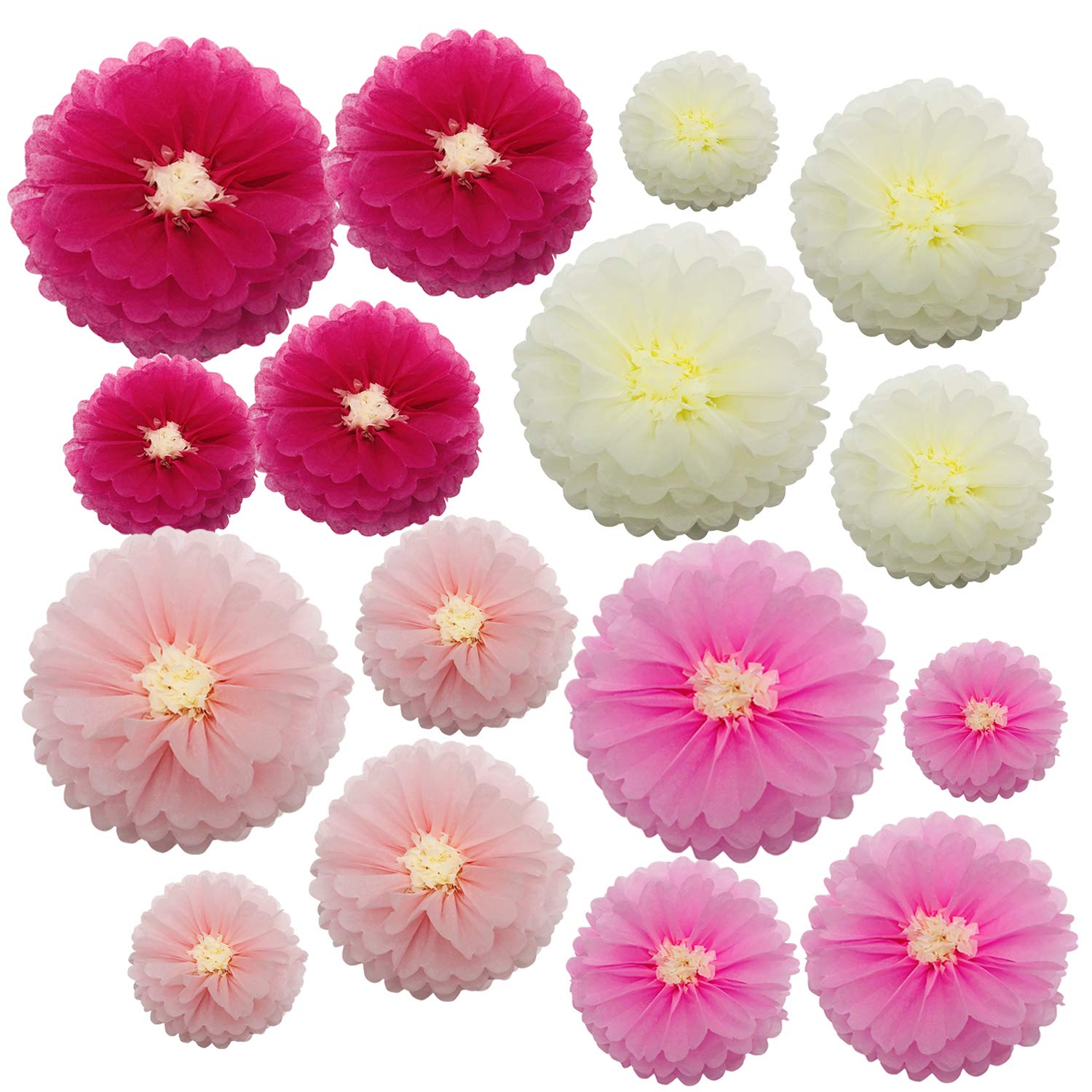 Tissue Paper Chrysanth Flowers for Wedding Baby Shower Nursery Room Parties & Events Decorations Pom Poms (Set of 16, Ivory Pink)