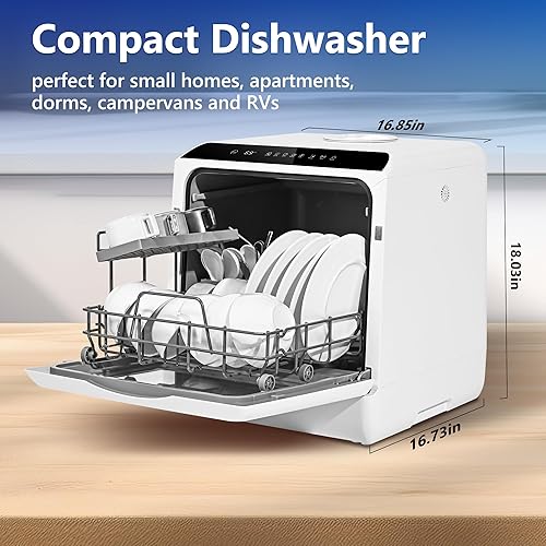 Miniatura 7 de EUHOMY Lavavajillas para encimera con tanque de agua incorporado de 4.9 L y manguera de entrada, mini lavavajillas portátil con 5 programas para