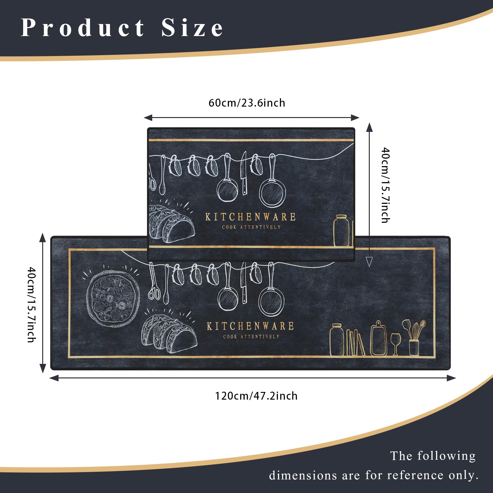 Juego de alfombras de Cocina,2 Piezas Antideslizantes Lavables Alfombrillas de Cocina y alfombras Runner Set,Lavable alfombras de Piso,Negro,40x60+40x120cm