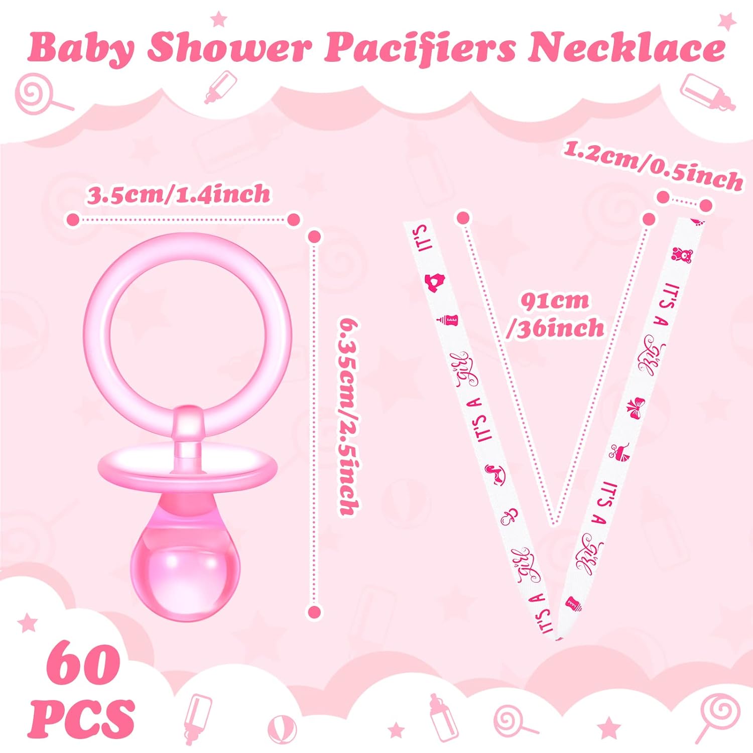 Junkin 60 Pieces Baby Shower Pacifiers Necklace Acrylic Pacifiers Necklace Charm for Baby Shower Party Favors Decorations, Women Style(Pink, White)