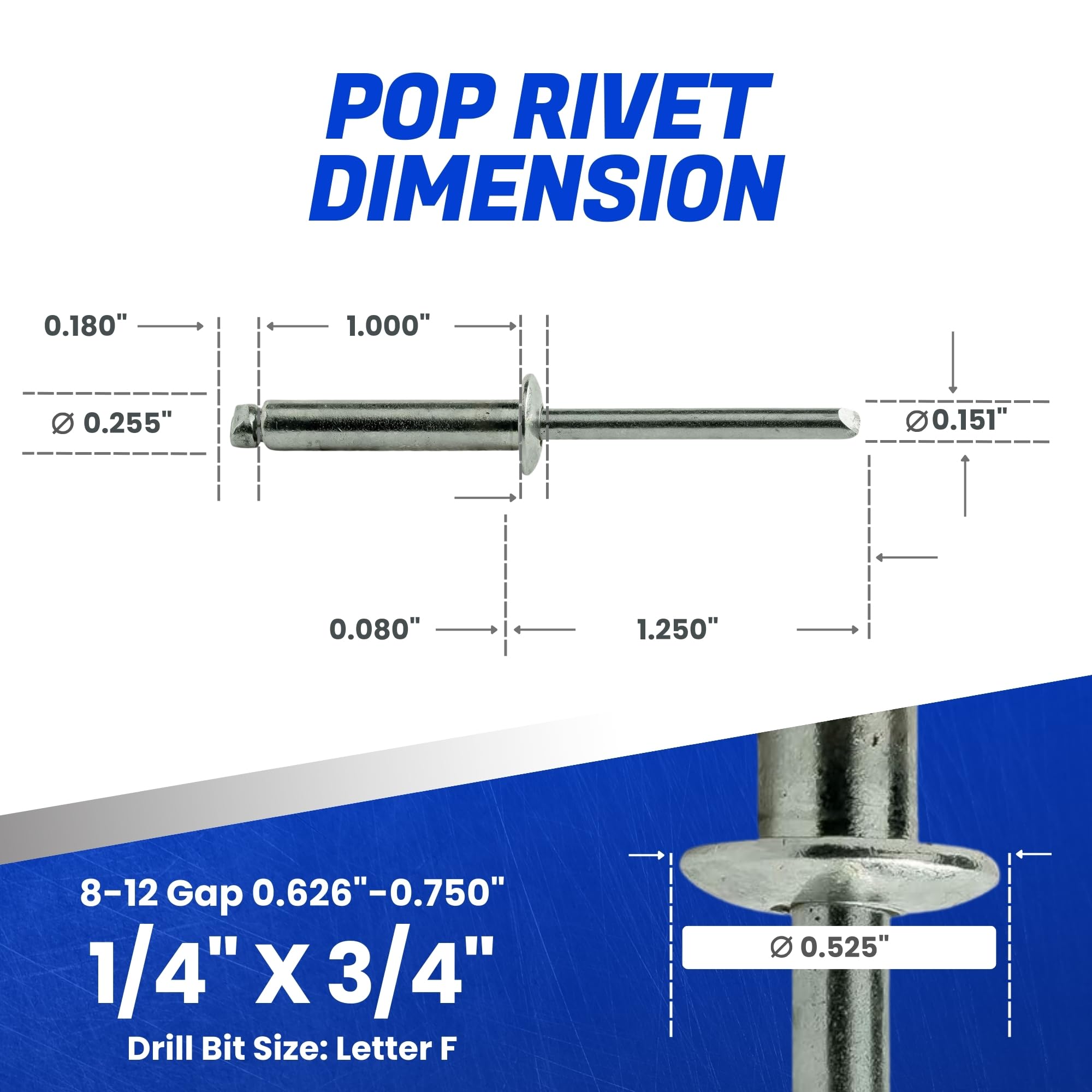 Produktbild von 25 Popnieten 1/4″ X 3/4″ Ganzstahl, Domkopf, Blindnieten 8-12 – Fastenere