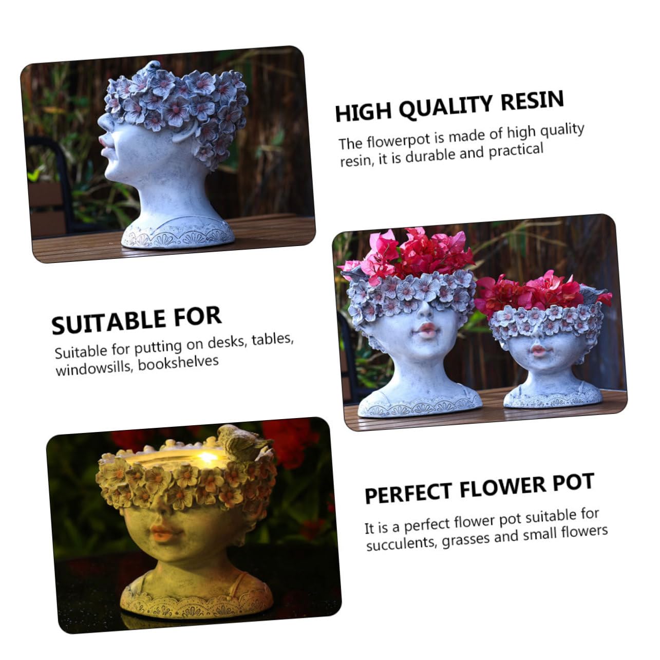 Toyvian Pot de Fleurs Solaire Créatif en Résine Grise Style Tête de Jeune Fille, Décoration Jardin et Balcon, Pot Moyen Lumineux pour Plantes Succulentes, Ornement Extérieur Chic et Moderne