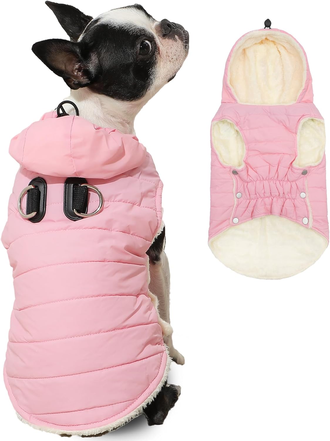 Fleece Lining Dog Hoodie with Harness Built in,Extra Warm Small Dog Jacket in Winter Puppy Coats with Drawstring Hooded,Light Pink M Medium (Pack of 1) Light Pink(Harness Built in)
