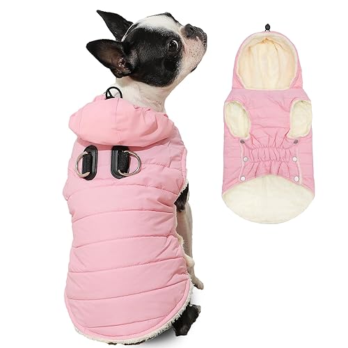 Vecomfy Fleece Lining Dog Hoodie with Harness Built in,Extra Warm Small Dog Jacket in Winter Puppy Coats with Drawstring Hooded,Light Pink XS
