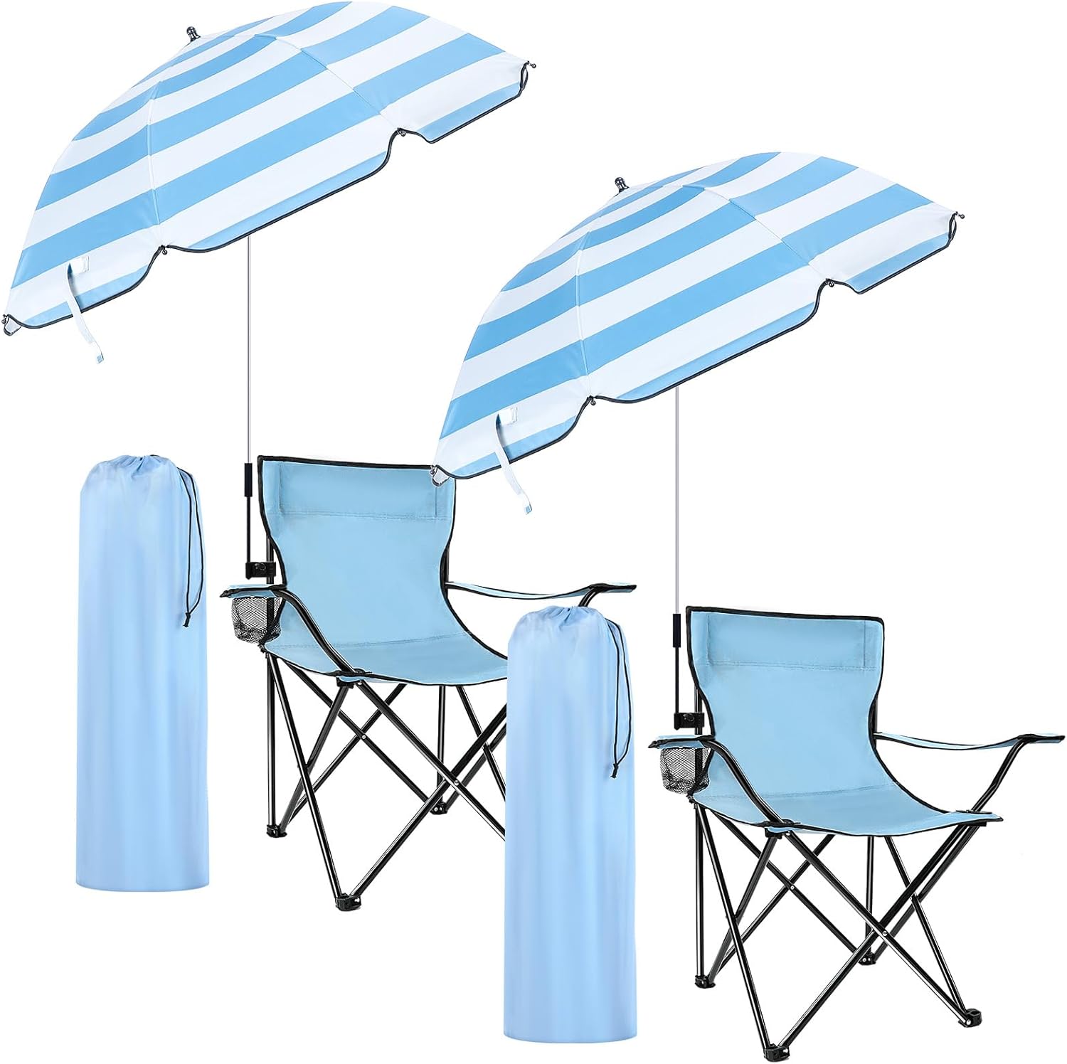 2 Sets Beach Chair with UPF 50+ and Umbrella with Universal Clamp Folding Beach Chair with Mesh Cup Holder for Adult with Carrying Bag 360° Adjustable Shade Umbrella Collapsible (Light Blue)