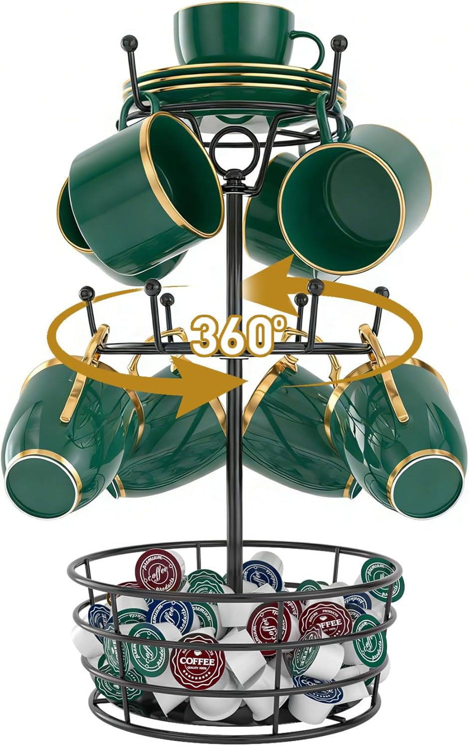 Mug Holder Tree, Coffee Cup Holder for Countertop, 360° Rotating Metal Coffee Mug Rack with 10 Hooks, 3 Tier Cup Rack Bar Station Organizer, Kitchen Counter Decor