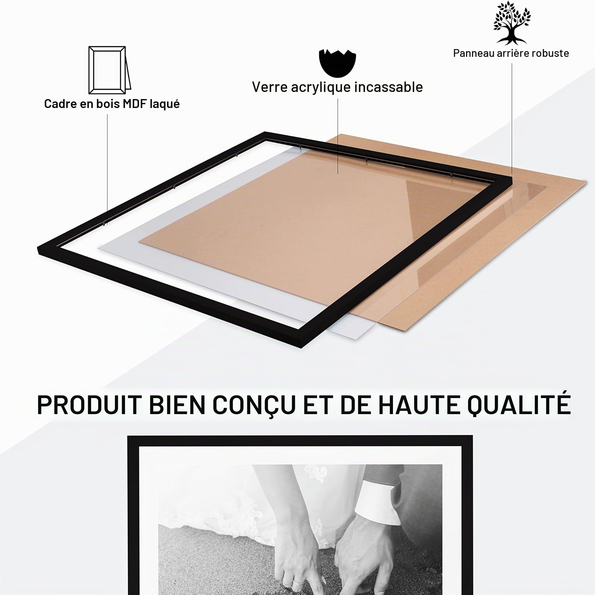 Cadre photo set de 1 60x60 MDF cadre en bois avec verre acrylique incassable en noir