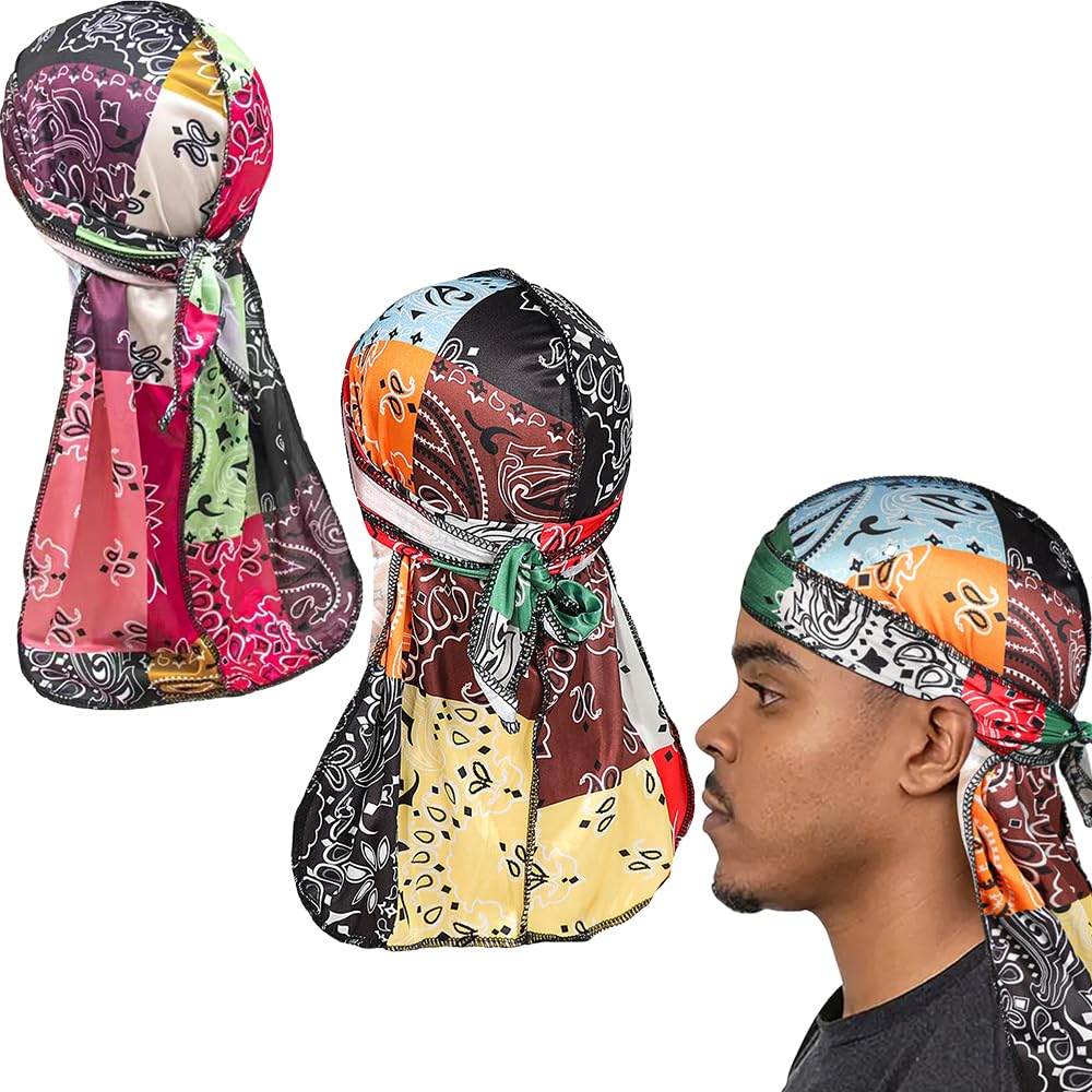 Assorted Paisley Silk Durag with Long Tail and Wide Straps for 360 Waves Mens Womens Bandana Doo rag