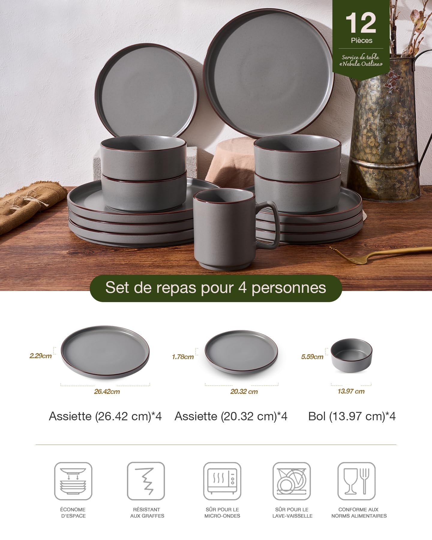 Richmount Nebula Outline Service de Table 12 Pièces pour 4 Personnes avec Assiettes et Bols, Micro-ondes et Lave-vaisselle, Gris Foncé