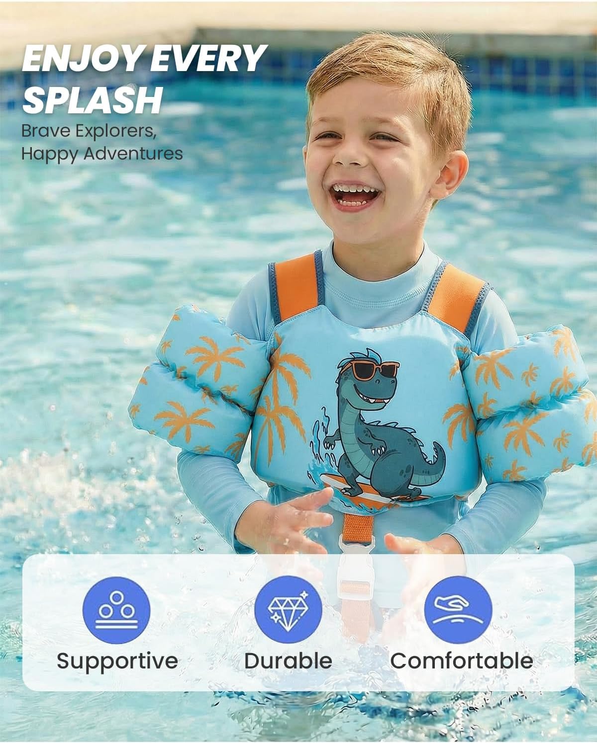 Gogokids 2-in-1 Toddler Swim Vest Pool Floaties for Kids[CPC Certified & Remove Crotch Strap]Puddle Float Jumper 24-66 Pounds, Toddler Arm Floaties Swim Jacket Water Wings for kids Boys Girls Swimmies
