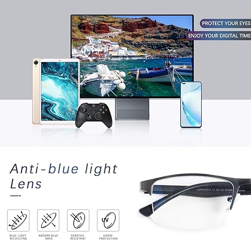 Miniatura 5 de FONHCOO Lentes de lectura para mujeres y hombres, con bloqueo de luz azul, lentes de lectura de metal con medio marco para computadora para lectura