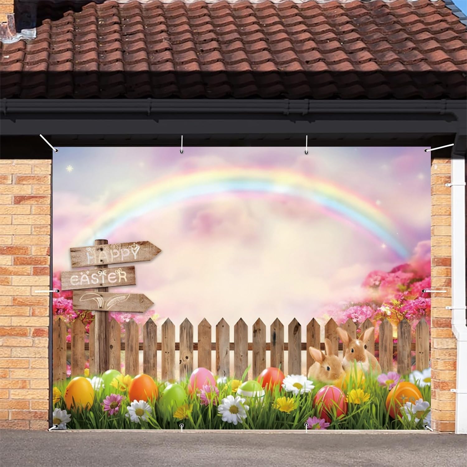 OERJU Easter Garage Door Banner Cover Mural Rabbit Colorful Eggs Fence Rainbow Happy Easter Garage Door Decorations Bunny Spring Holiday Party Decor Supplies Indoor Outdoor Wall Cover 7x16ft
