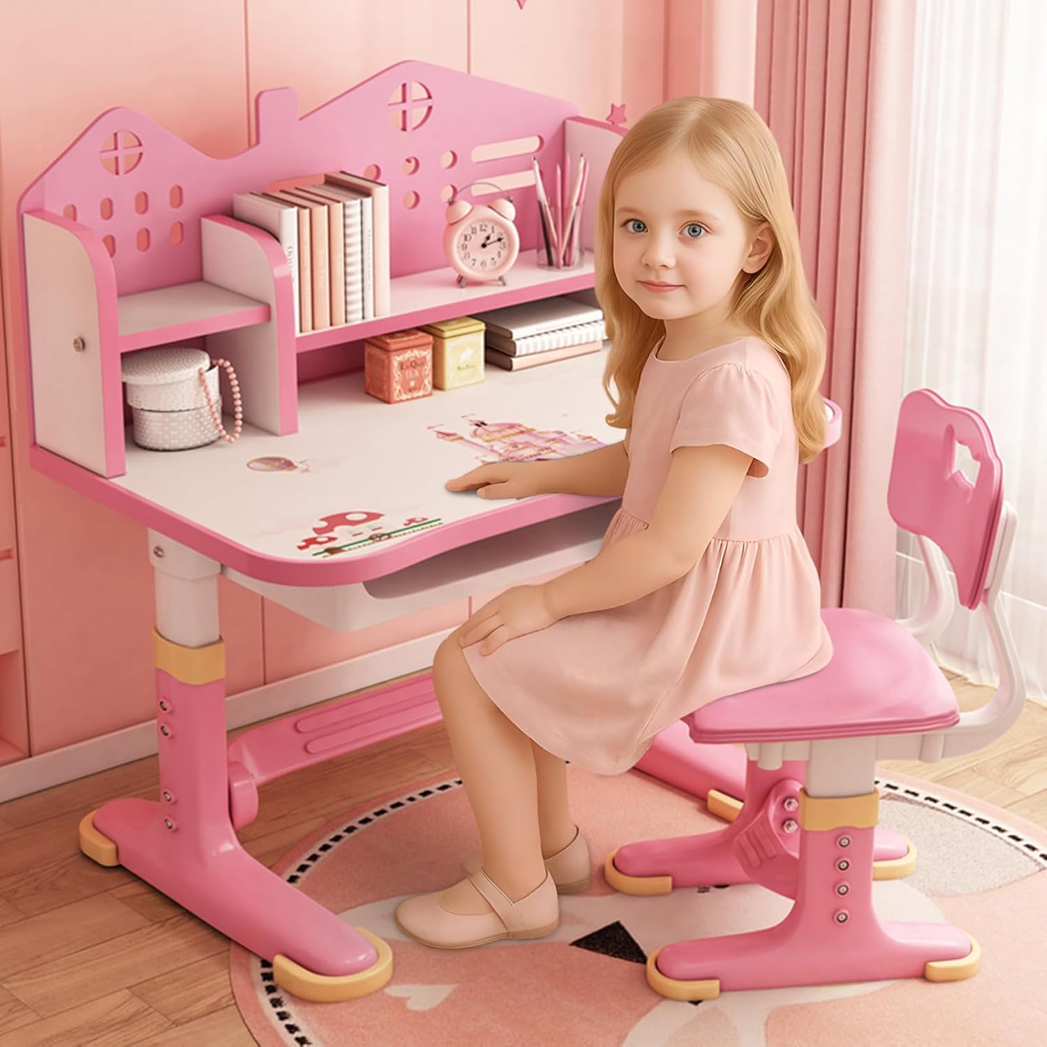 Kids Desk and Chair Set, Height Adjustable Children Study Desk, Toddler Table and Chair Set with Book Stand, Bookshelf and Storage Drawer Children Study Table Suitable Gift for Girls Boys, Pink