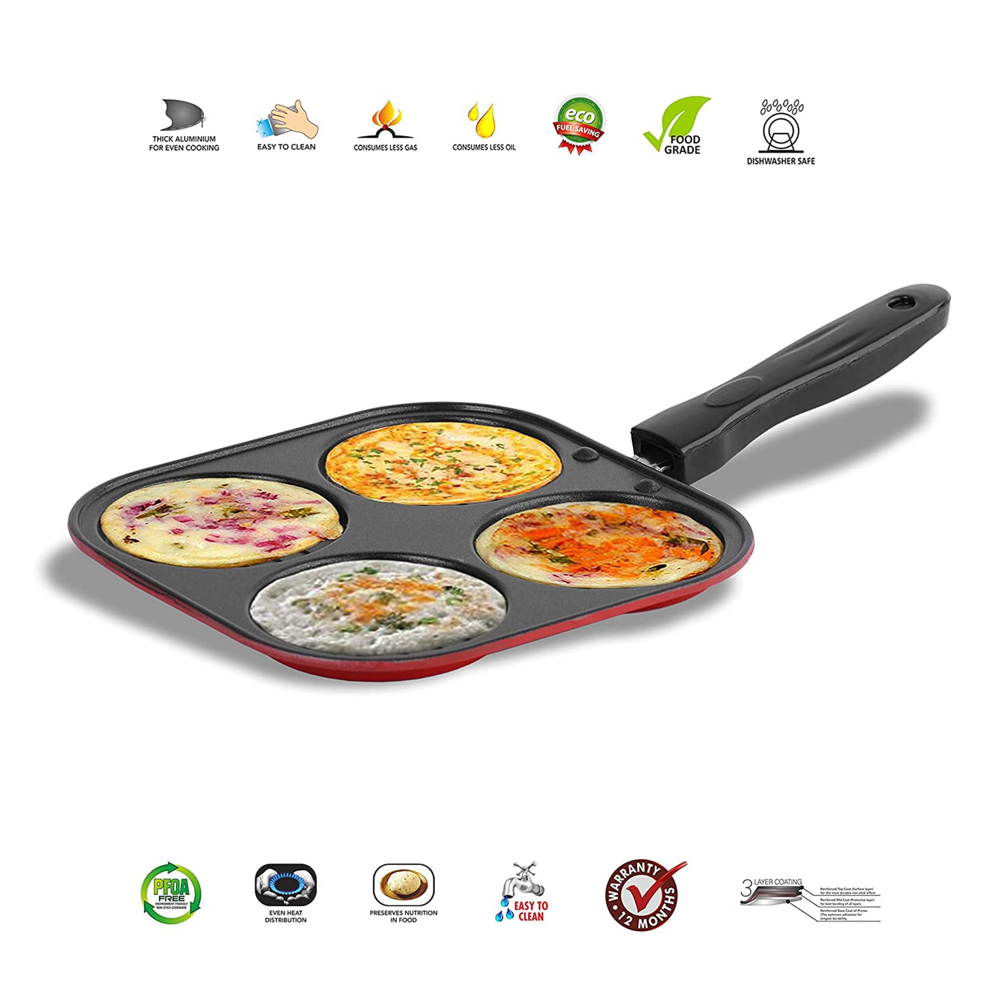 IDEAL PRIME Durable Aluminum Non Stick 4 Cavity Pancake Pan with Long Handle Rust Proof Mini Uttapam Pan Multi-Mini Snack Maker/Pan Cake Maker Grill Pan Cookware Pack of 1 2