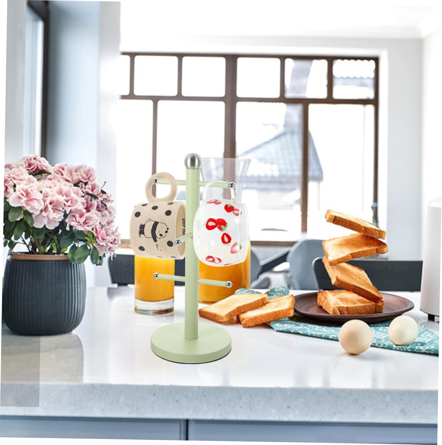1pc Multipurpose Mug Tree Stand for Home Space-Saving Coffee Cup Holder Multiple Posts Easy Access Organizer for Kitchen and Coffee Bar Use Milk White Finish