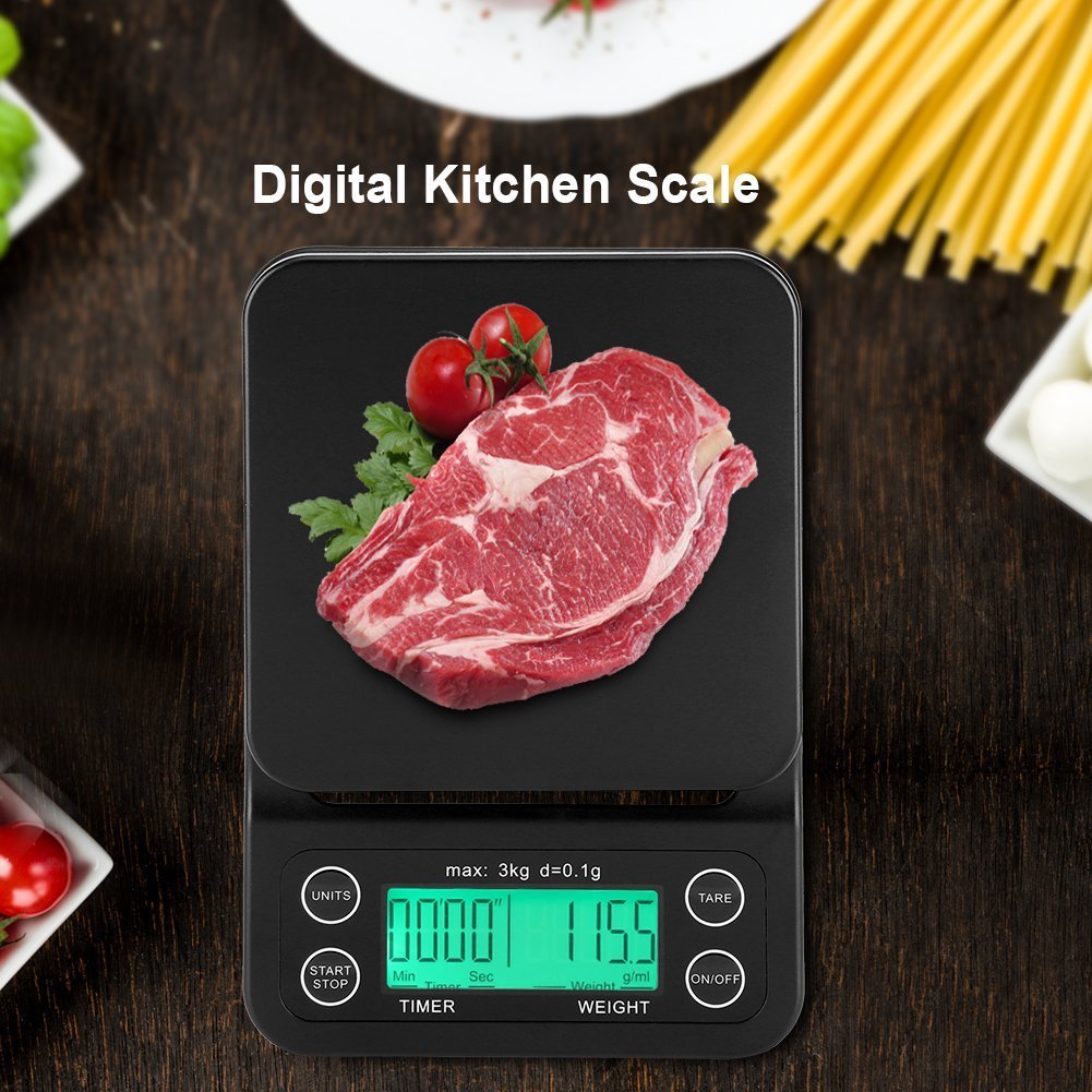 Fdit 3KG/0.1g Electronic LCD Digital Kitchen Food Scale Drip Coffee Weighing with Timer (Green)