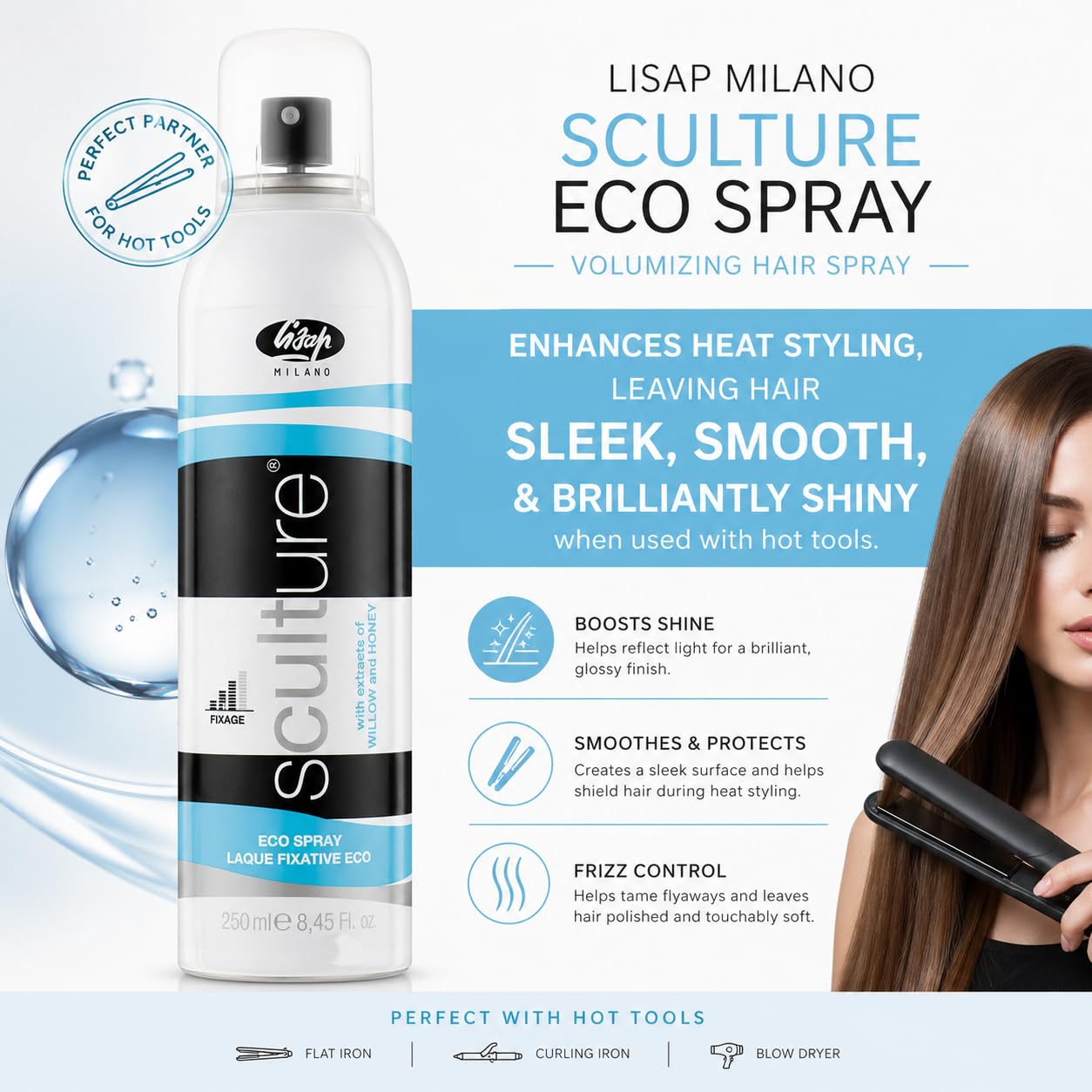 Lisap Sculture Eco Spray Volumizing Hair Spray & Setting Spray - Lightweight Volume Spray & Hair Volumizer for Shine & Heat Styling, Gas-Free Hairspray with UV Filter & Jojoba Oil, 8.45 fl oz