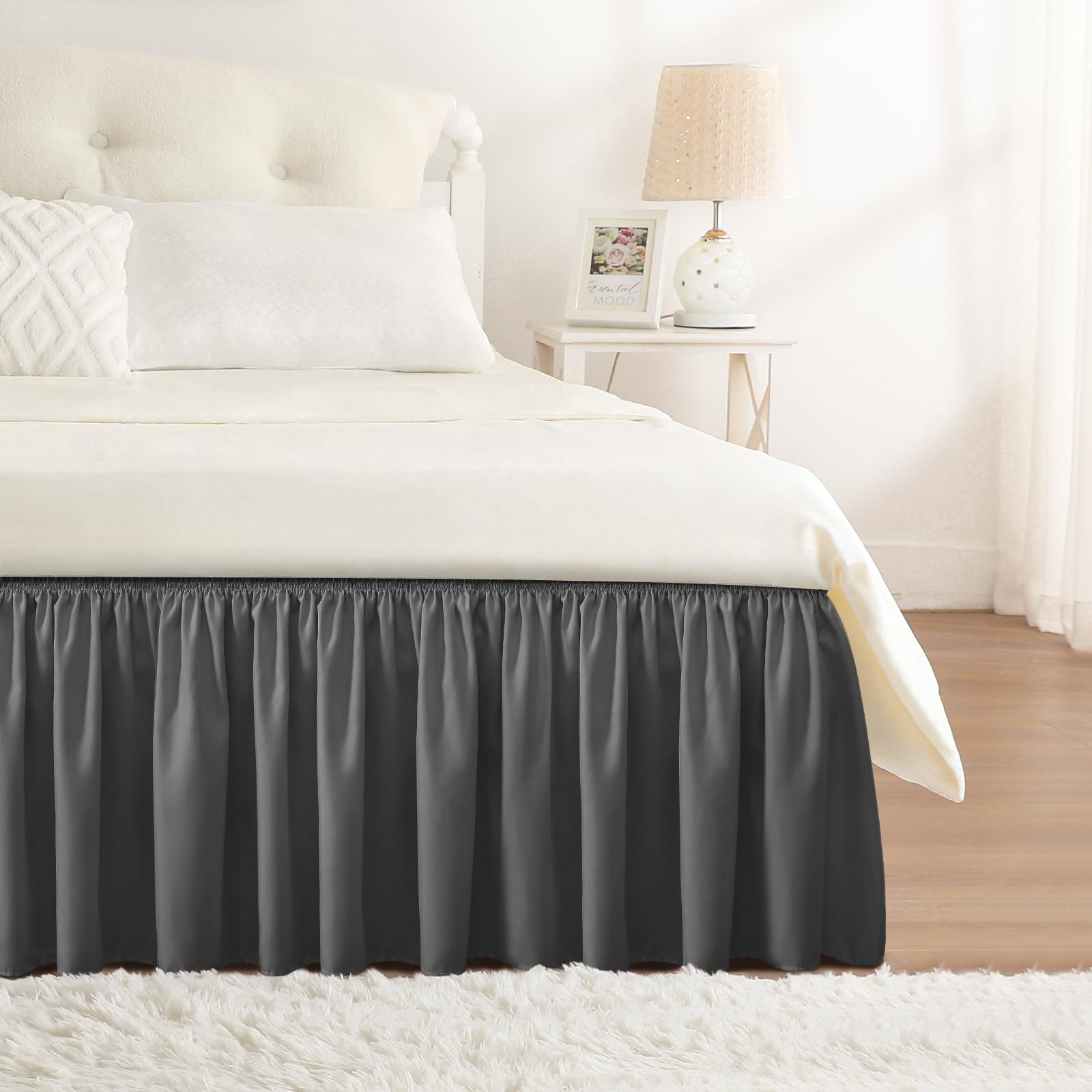 RIMELA Dark Grey Bed Skirt Queen Size 12 Inch Drop, Elastic Bed Skirting for Bed Base and Frame, Bedding Dust Ruffle Easy to Install, Lightweight Comforter Set with Wrap Around Adjustable Bedskirt