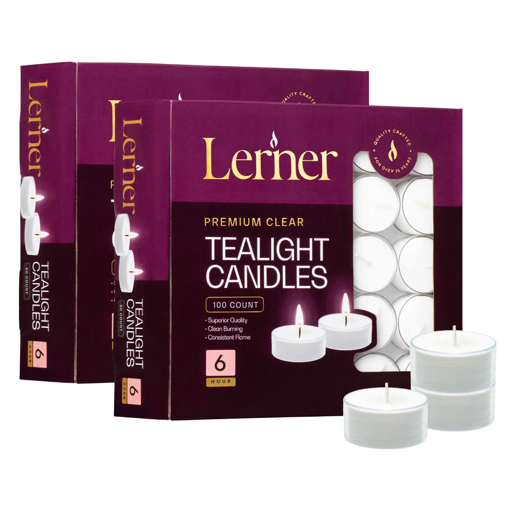 Lerner Tealight Candles in Clear Cups, 200 Count| 6 Hours Long-Burning White Tea Light Candles| Non-Toxic, Smokeless & Soot-Free Tea Light Warmer
