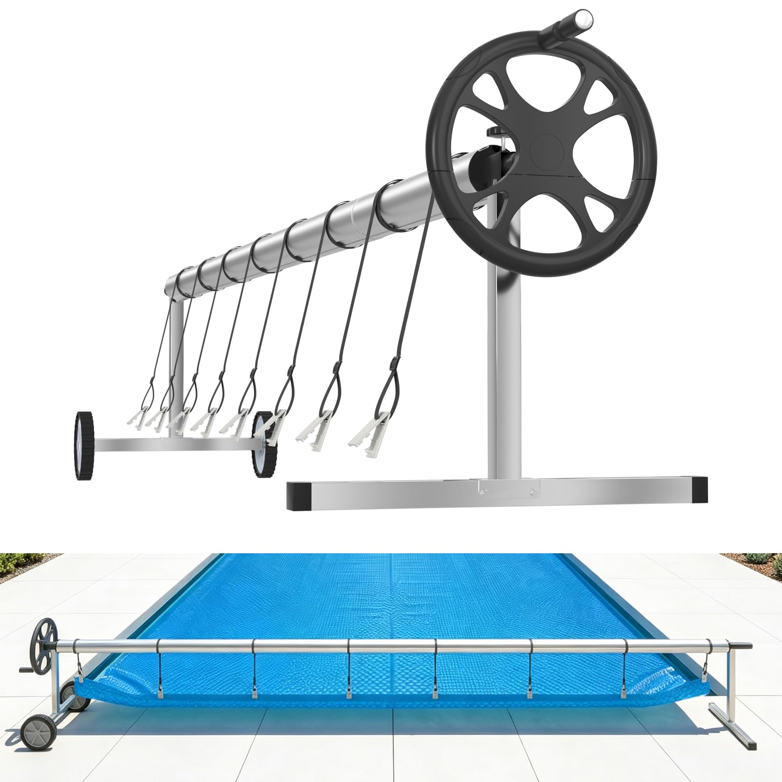 Pool Aufroller 3 m - 5,7 m Verstellbar, Aufrollsystem für Poolplane aus Aluminium Edelstahl mit Handkurbel & Rädern, Aufrollvorrichtung für Solarplanen & Abdeckungen & Poolüberdachung