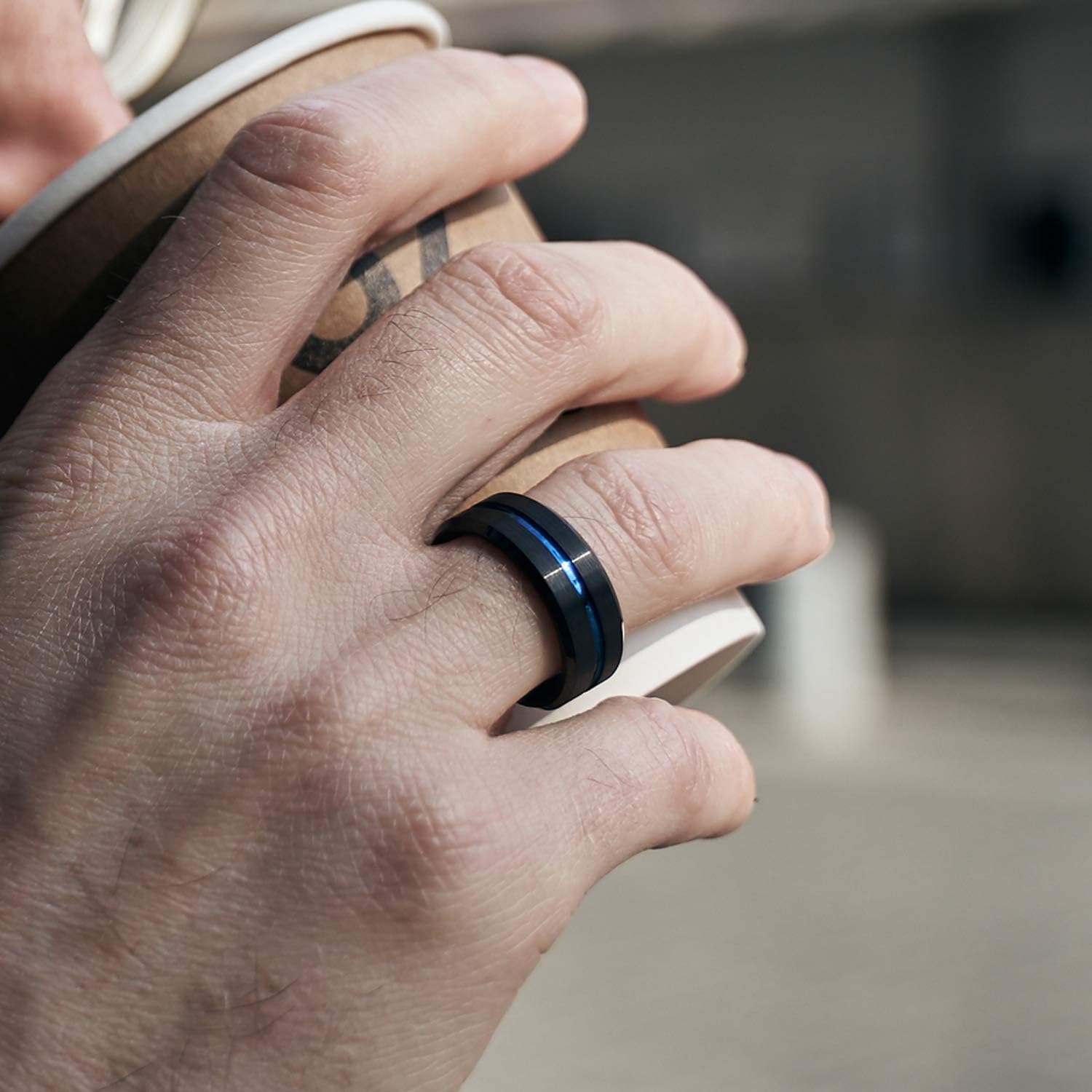 Greenpod Mens Tungsten Ring Wedding Band 6mm 8mm 10mm Engraved I Love You Thin Blue/Black Centre Groove Comfort Fit Size 6-17 - Image 4