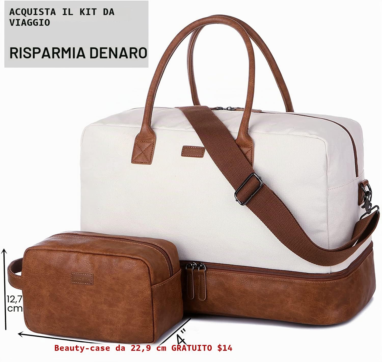 Borsa da viaggio in tela da donna, borsa weekend, canvas, borsa da viaggio, borsa da viaggio, bagaglio a mano, con scomparto per scarpe e beauty case, HB-10, Bianco/beige, 50.8 x 33.5 x 25.4 cm