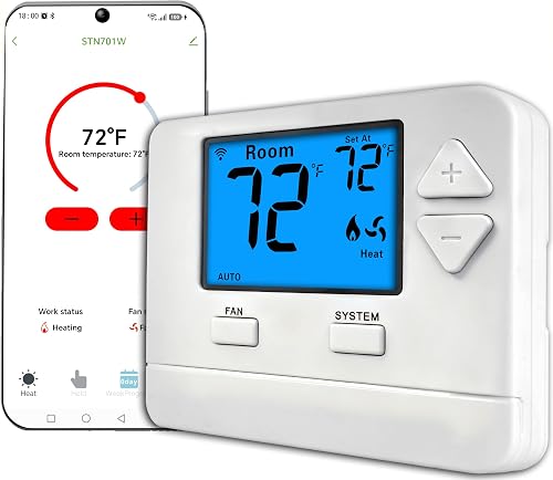 Riseem WiFi Smart Thermostat for Home, Single-Stage 1H/1C, APP Remote Control, 7-Day Programmable, C-Wire Required