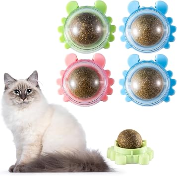 Catnip Ball 4-Pack 360 Self-Rotating Rollers for Wall or Floor Mount Teeth Cleaning Anxiety Relief Catnip Play Interactive Exercise Enrichment Playtime Perfect for Multi-Cat Homes Supporting Cat