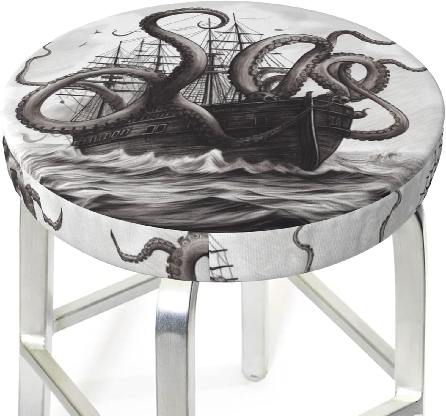 Bar Stool Cover Round Elastic Stool Cushion Covers Black and White Octopus and Ship Bar Chair Cover Washable Stool Cushion Slipcover Stretch Stool Seat Covers for 12-14 Inch Chair