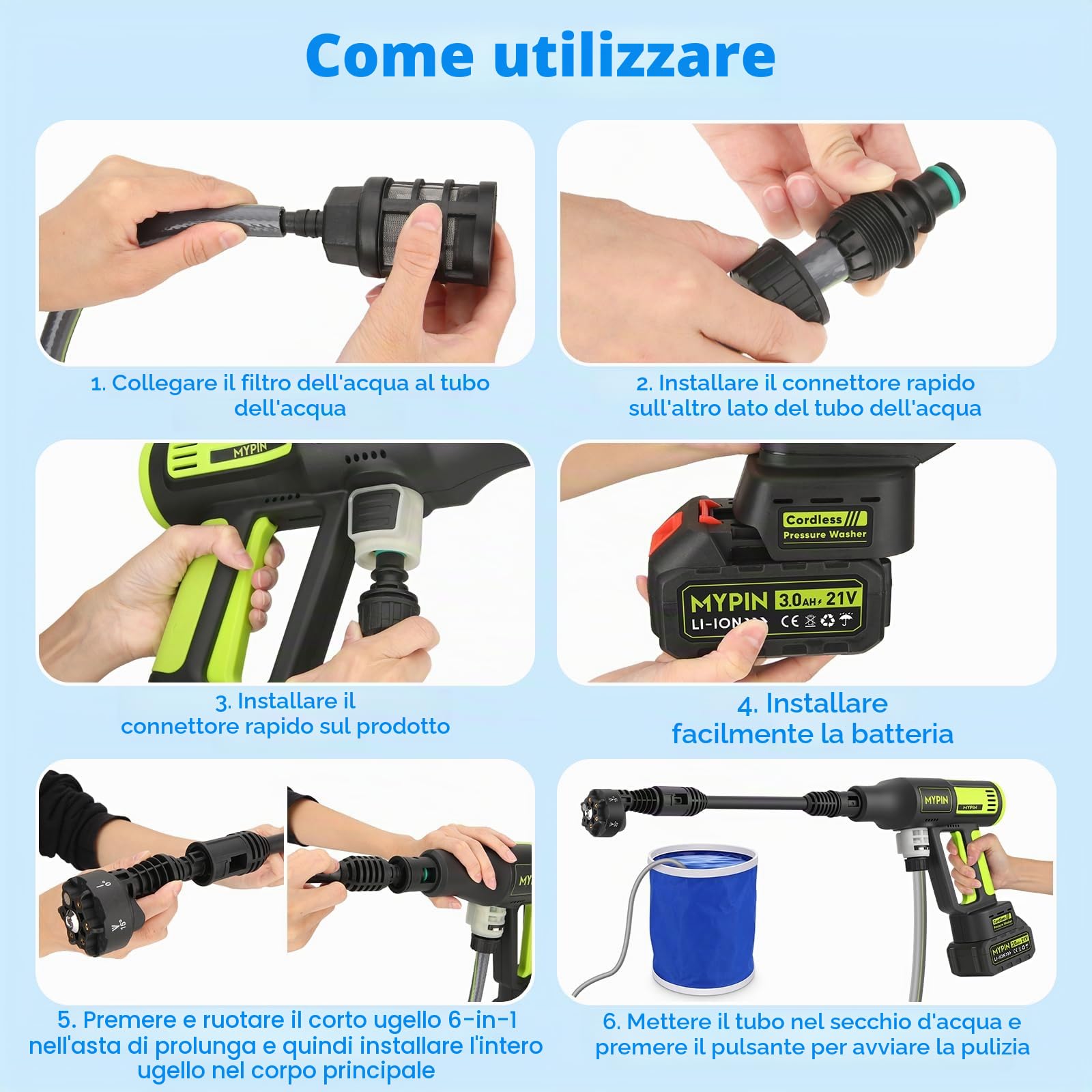 Idropulitrice a Batteria con Display LCD, 725 PSI, 2 Batteria Ricaricabile 21V, Ugello 6-in-1, Idropulitrice Portatile per Pulizia Auto, Pavimenti, Pareti e Recinzioni