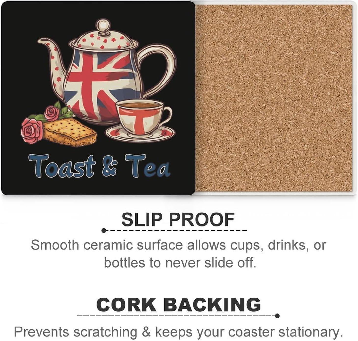 UK Flag Toast Tea Coasters for Drinks Square Table Coasters Set Cup Mats with Cork Base