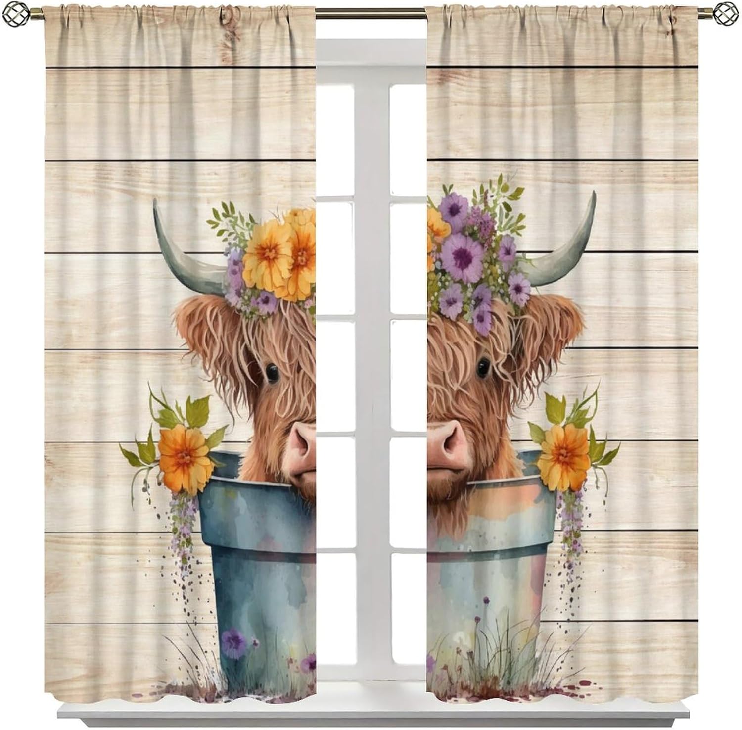Highland Cow Farm Curtains Cute Cow Flowers Barn Door Western Farmhouse Rustic Funny Blackout Window Drapes for Bedroom Living Room Kitchen Cafe Decor （W21xL45 Inch） x2 Panels