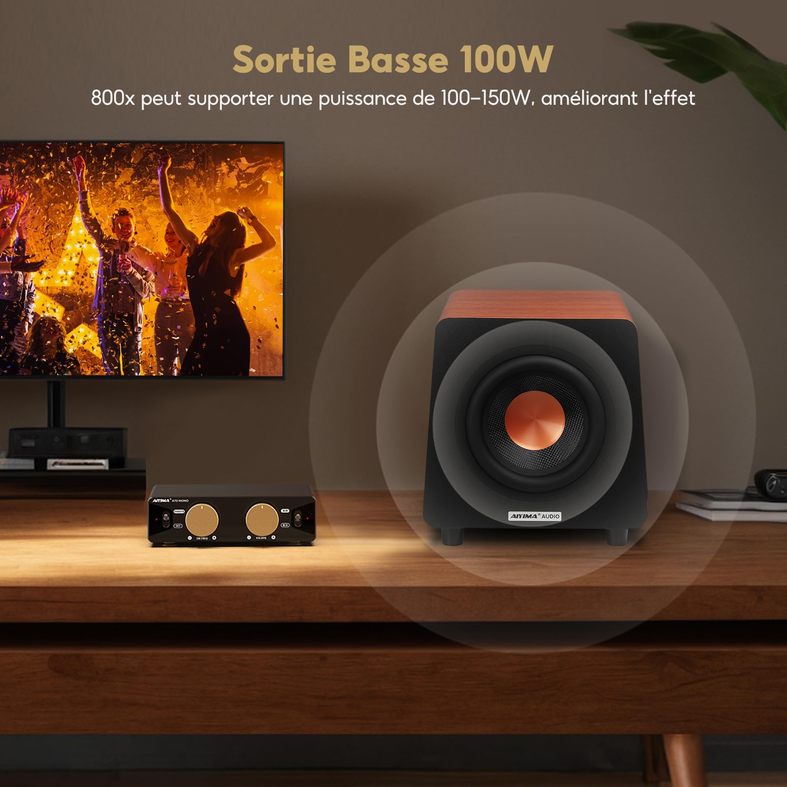AIYIMA 800X Caisson de Basses Actif 8", 100W RMS, 30–300 Hz, Réglage Volume/Filtre Passe-Bas/Phase, Entrées RCA/AUX/LFE, Caisson MDF Anti-Résonance pour Home Cinéma & HiFi