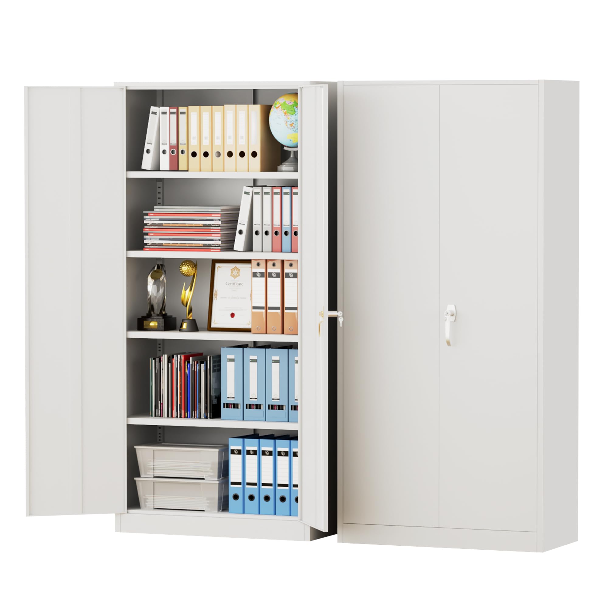 Pataku Metal Storage Cabinet, Garage Cabinet with Doors and Shelves Lockable Steel Multifunctional Cabinets, White File Cabinets for Home, Office,