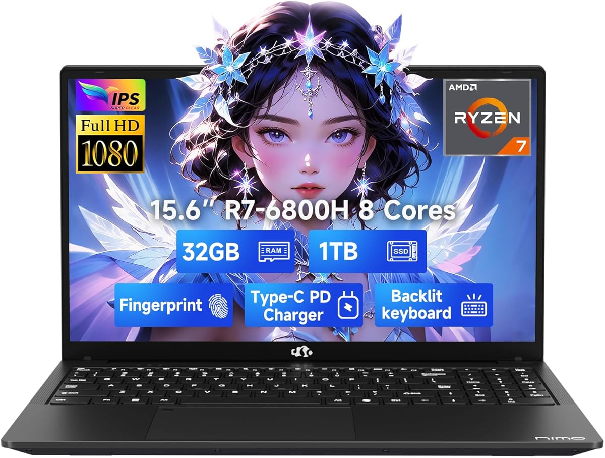 NIMO 15.6" IPS FHD-Gaming-Laptop, 8 Cores AMD Ryzen 7 6800H 32GB DDR5 RAM 1TB SSD (Beat i7-12700H, Up to 4.7GHz) AMD Radeon 680M GPU-Computer with 100W Type-C Backlit Keyboard Fingerprint Blue : Electronics