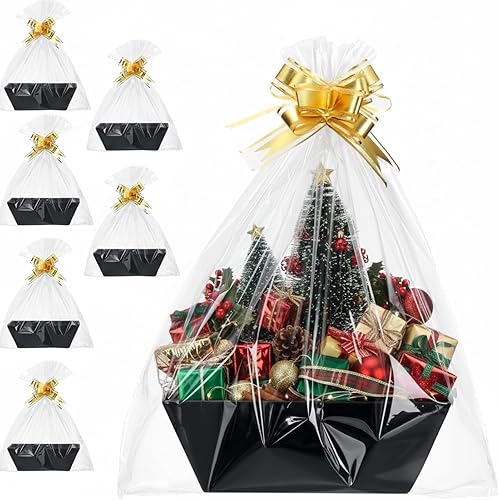 Mimorou Paquete de 6 cestas para regalos vacías para llenar, kit de cesta de regalo vacía de papel kraft a granel con asa, 6 bolsas para envolver,