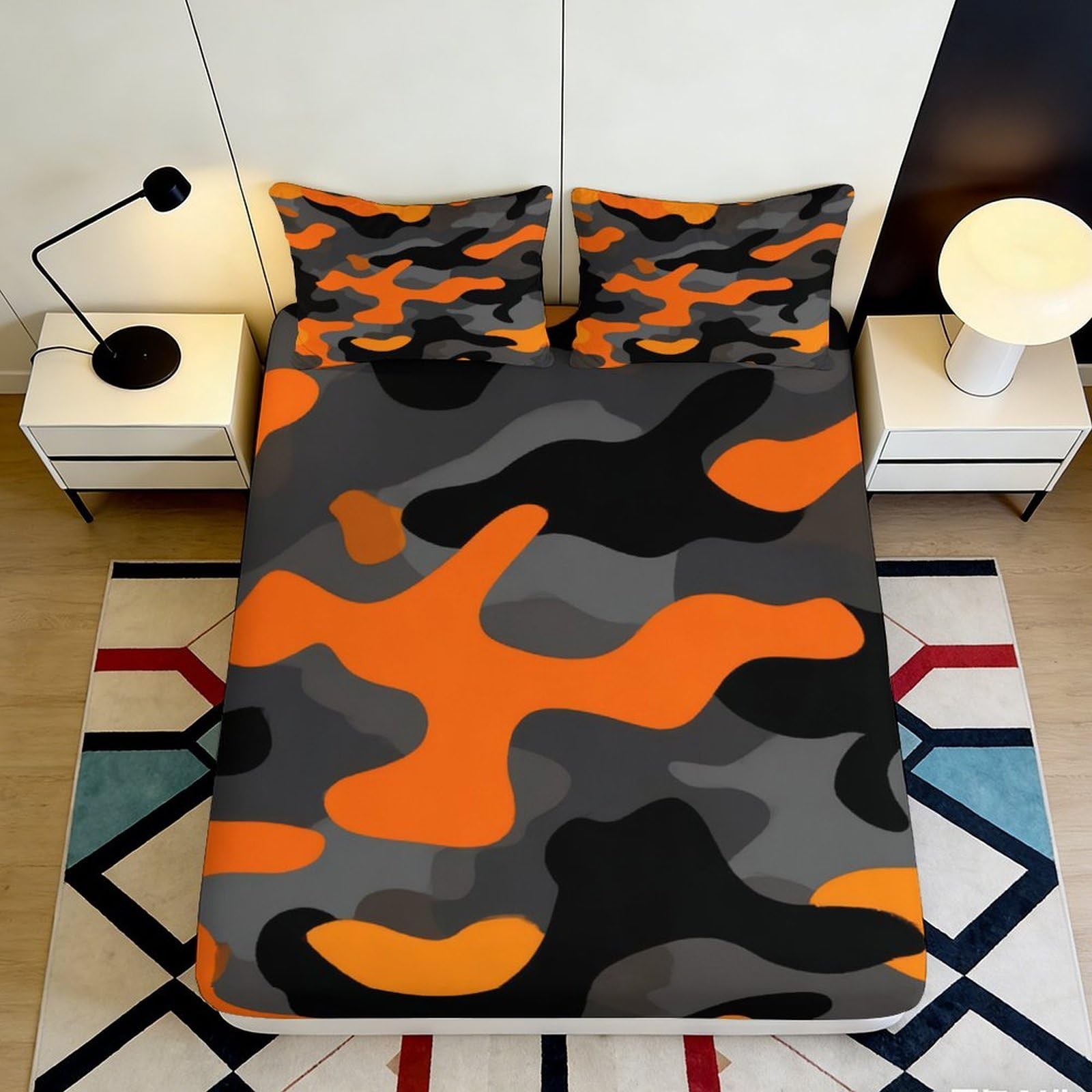 Decorative orange camouflage Fitted Sheet 3D Printed soft touch Microfiber for home guest room bedding, wrinkle resistant, easy care, stylish accent 90x200x25cm
