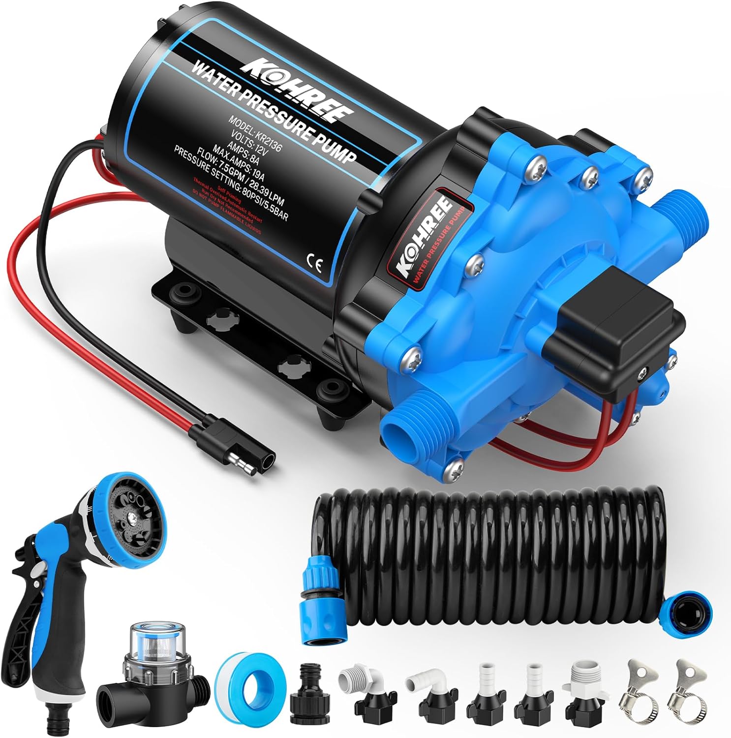 Kohree 12V DC Washdown Pump Kit - 7.5GPM 80PSI, Self-Priming 5-Chamber Diaphragm Water Pump with Pressure Switch, Spray Nozzle, High Flow for RV, Boat, Marine, Yacht, Freshwater and Saltwater