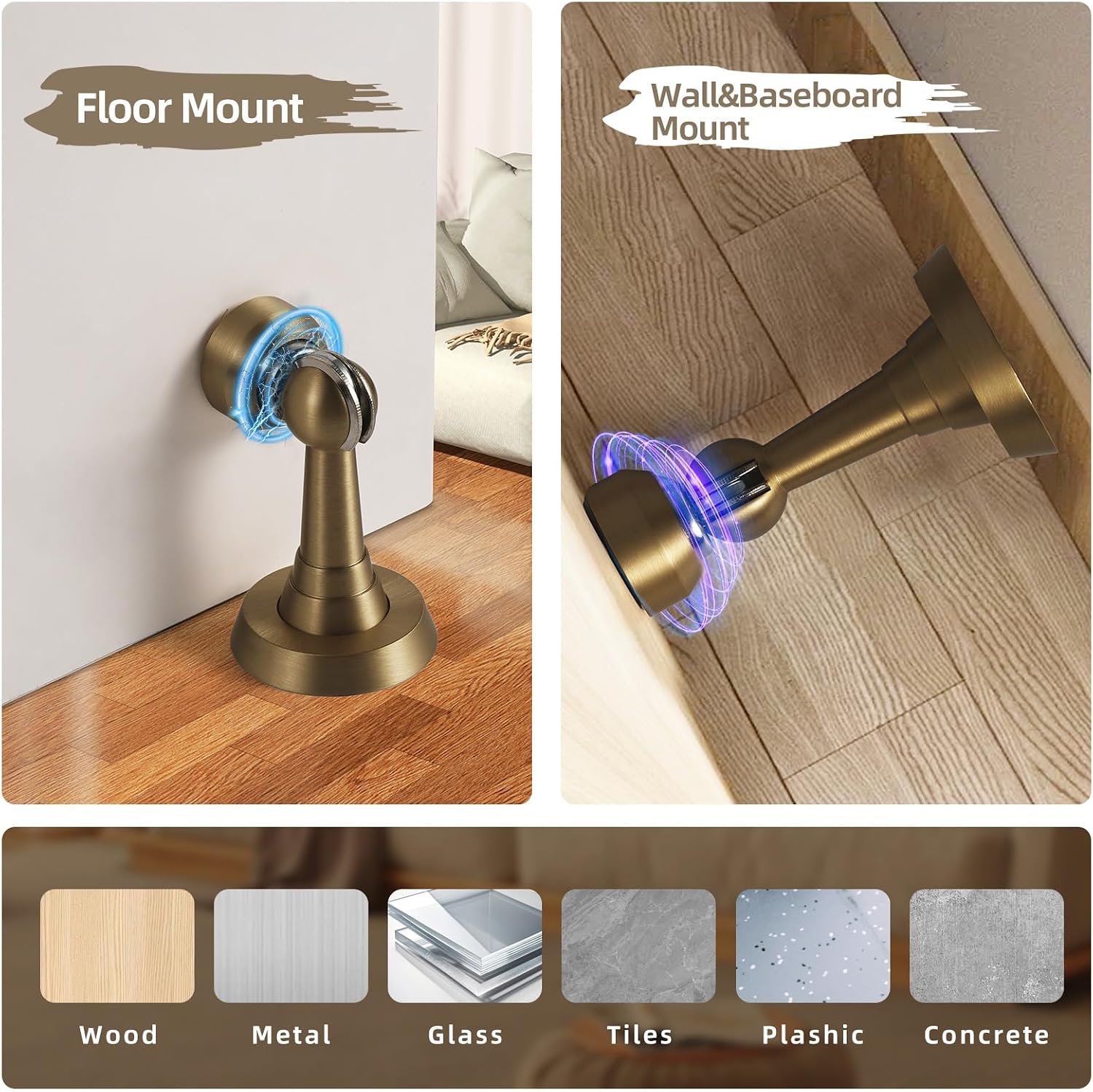 PANALI Magnetic Door Stopper,Brass Windproof Heavy Duty Door Stop,Drilling with Screws or No-Drilling,Door Stops for Bottom of Door,2 PCS,Antique Bronze