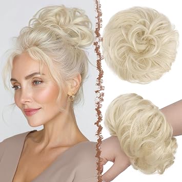 FESHFEN Large Messy Bun Hair Piece - Wavy Synthetic Chignon Scrunchies Elastic Ponytail Hair Extensions Thick Hairpieces for Women, Platinum Blonde 1.94oz