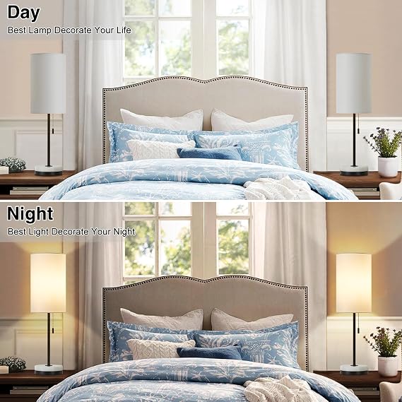 Luvkczc 18 Minimalist Table Lamp Set of 2, Nightstand Lamp for Bedroom Living Room, Modern Pull Chain Bedside Lamp with Marble Base, Fabric Shade, Small Desk Lamp for Home, Office, Reading