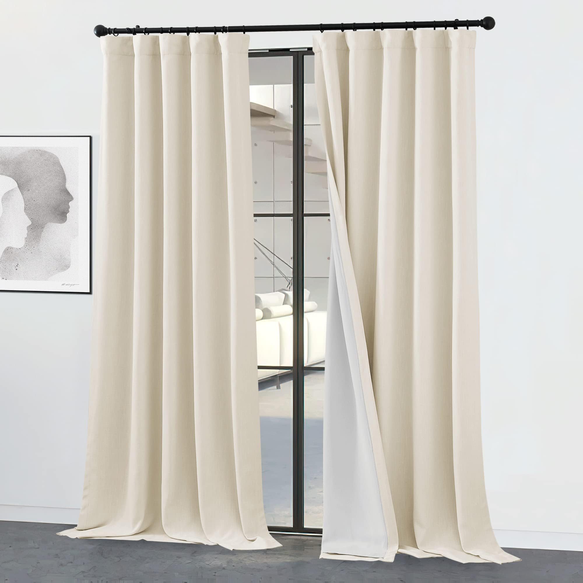 Heavy Faux Linen Curtains for Winter, Thermal Insulated Pinch Pleated Blackout Sounproof Privacy Drapes for Living Room Door Window, Linen, W52 x L 120 inch, 2 Panels