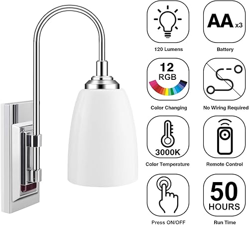 Miniatura 3 de HONWELL Lámpara de pared LED que funciona con pilas, para interiores, inalámbrica, 2 unidades, 2 unidades, control remoto, multicolor, aplique de