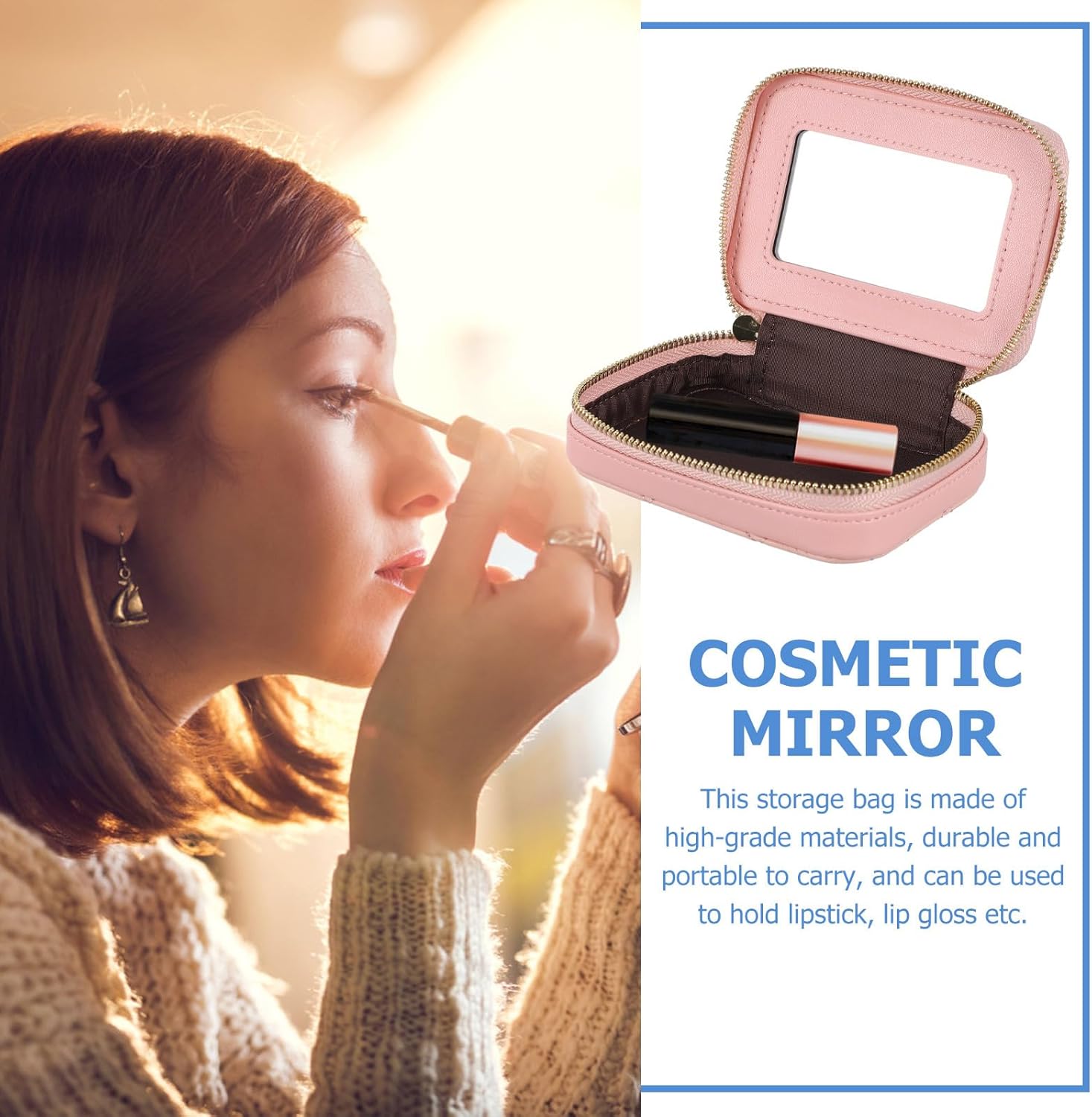 CALLARON Cosmetic Organizer Case with Mirror - Makeup Travel Bag, Lipstick Storage Bag, Pink Portable Cosmetics Bag for Women, 4.52 x 3.34 x 1.37 inch - Image 2