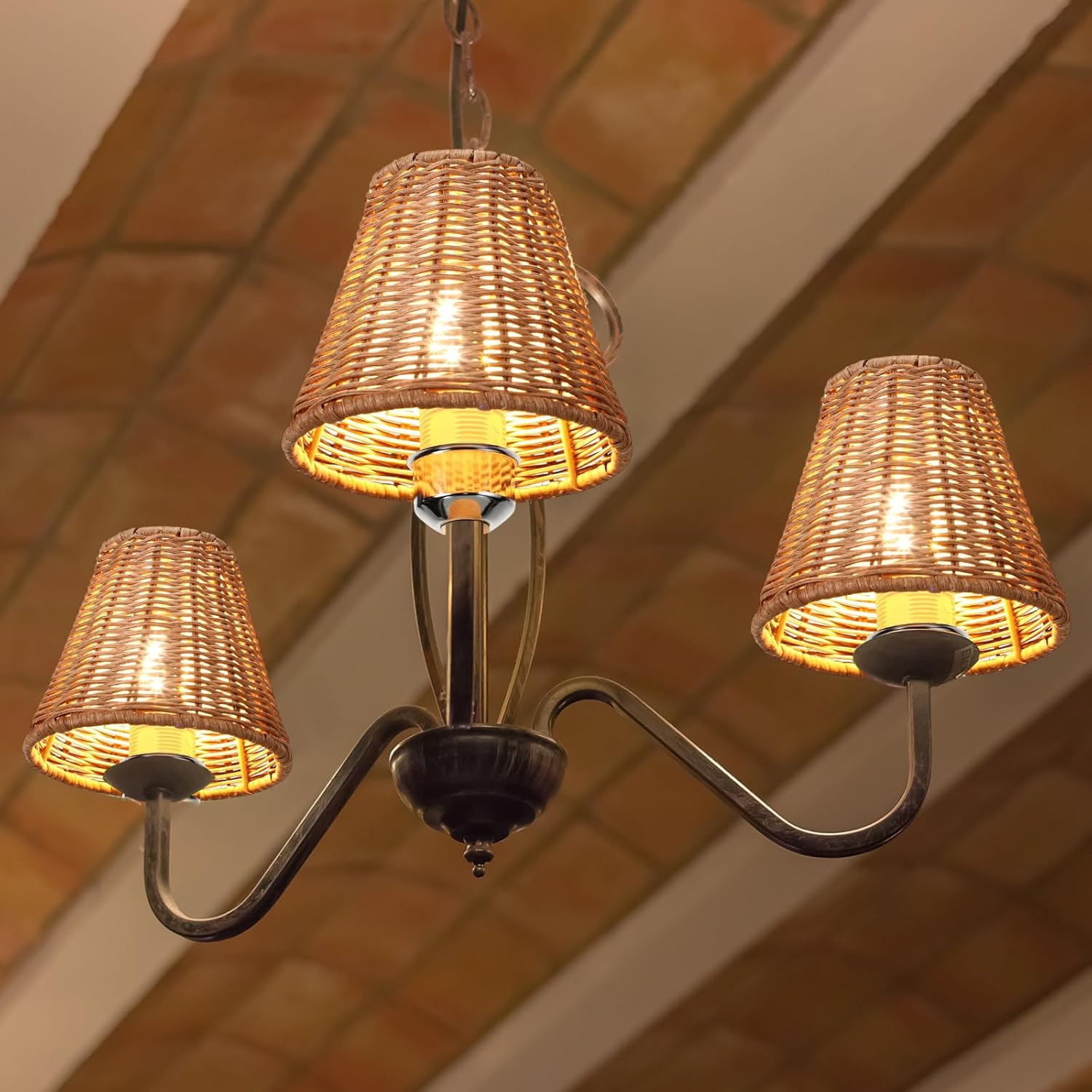 Rattan Lamp Shade Set of 3 Natural Rattan Clip-on Chandelier Lampshade Mini Handmade Woven Vintage Boho Farmhouse Wicker Table Light Cover for Candle Bulb (3.15" Top x 6" Bottom x 5.3" Height)