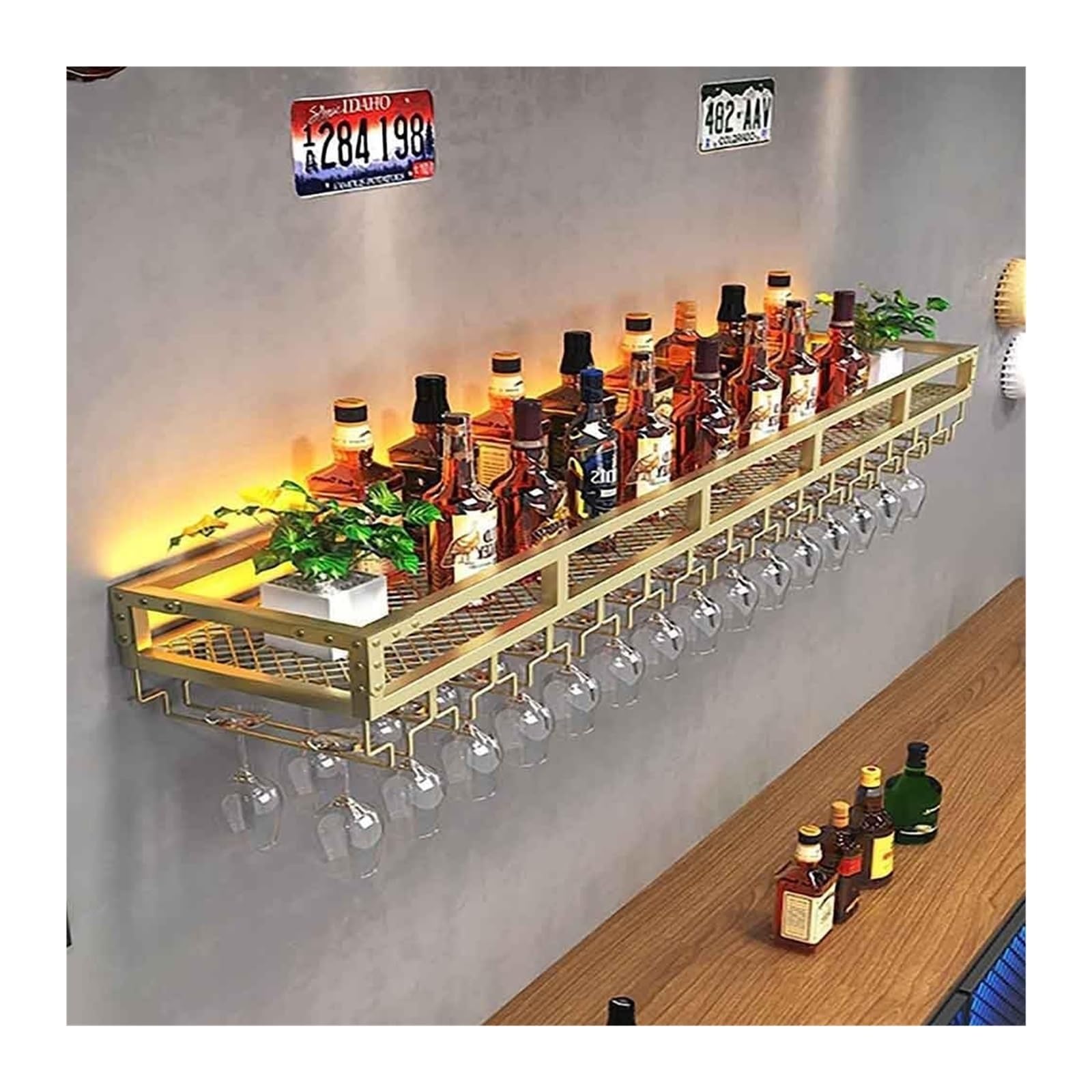 Étagère de stockage de vin murale lumineuse avec porte-verres