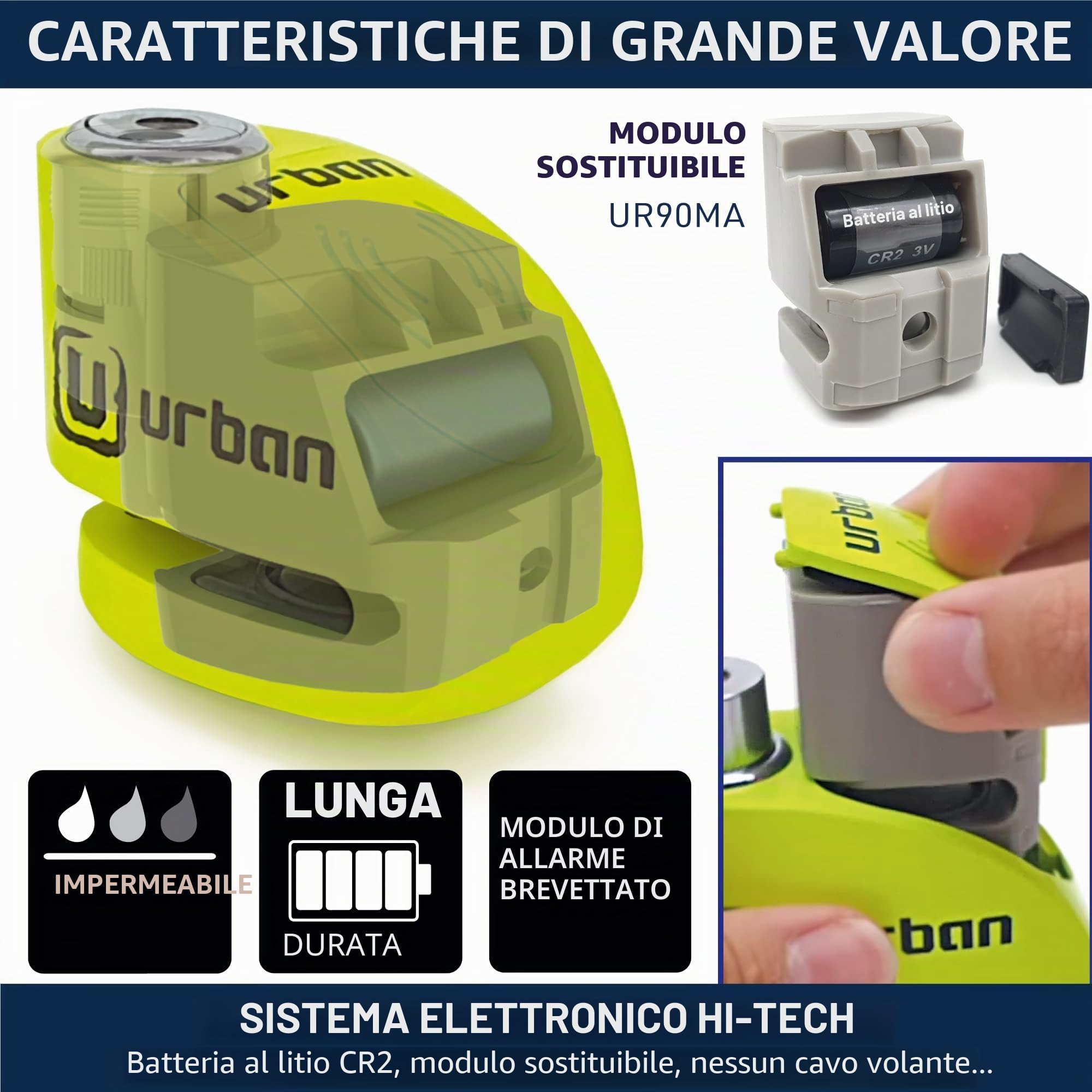 URBAN UR906X Antifurto Moto con Allarme Lucchetto Bicicletta Bloccadisco Scooter 120 dB ON/OFF Sicurezza Monopattino Elettrico 120dB Sonoro, ø6 Blocco Impermeabile