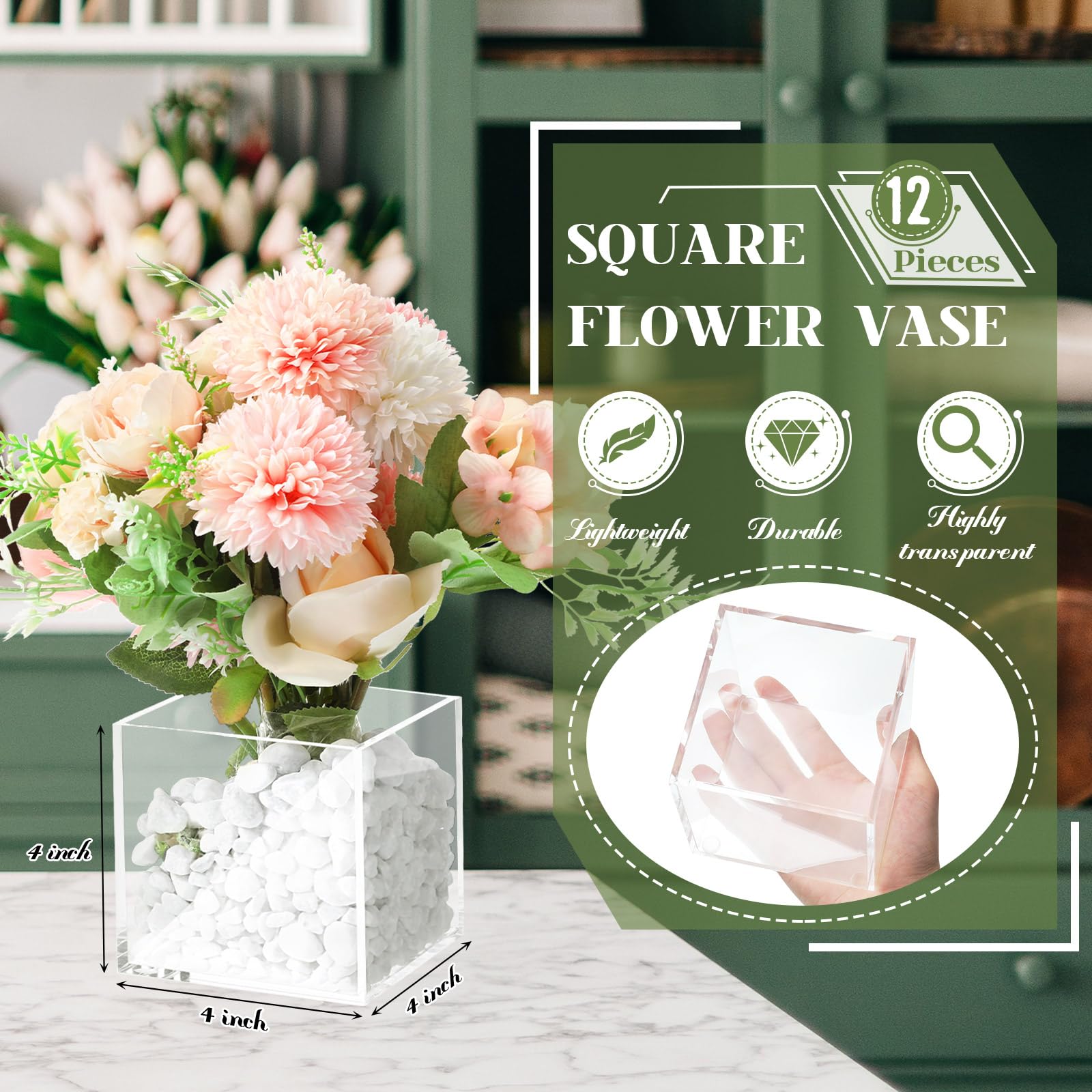 Suclain 12 Pcs Square Flower Vase, Flower Acrylic Vase Clear Cube Shape Flower Vase Decorative Centerpiece for Home Office Wedding Decor, 5 x 5 x 5 Inch