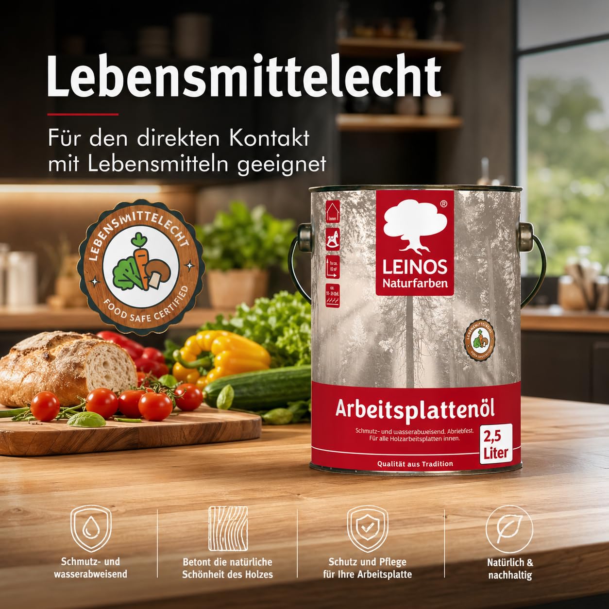 LEINOS 280 Arbeitsplattenöl 2,5 l Dose – lebensmittelecht, Öl für Küche | Imprägniert & schützt Holz nachhaltig gegen Schmutz & Feuchtigkeit – fleckenbeständig gegen Kaffee, Rotwein & Fruchtsäfte