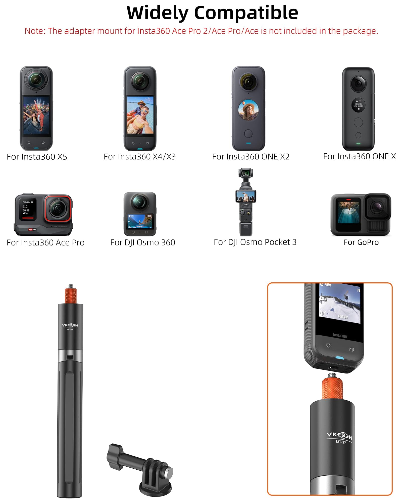 Treppiede per action cam da 147 cm, per Insta360 X5/X4/X3/Ace Pro 2/GO 3S, DJI Osmo 360, Pocket 4/3, tutti i modelli GoPro, impugnatura estensibile 2 in 1, supporto da viaggio, monopiede, accessori